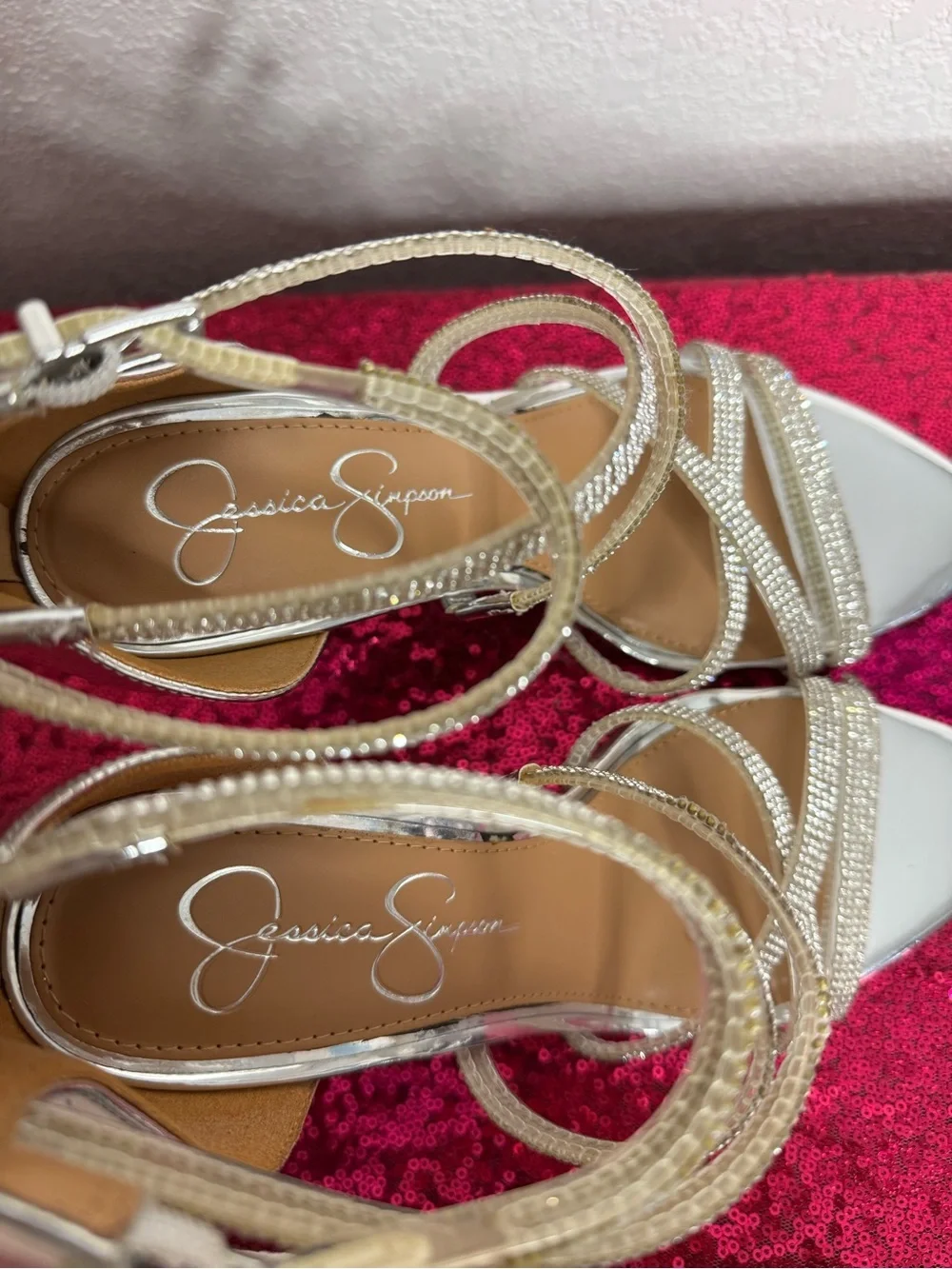 JESSICA SIMPSON 💎 Silver Rhinestone Strappy Stiletto Heels (Women’s Size 9)